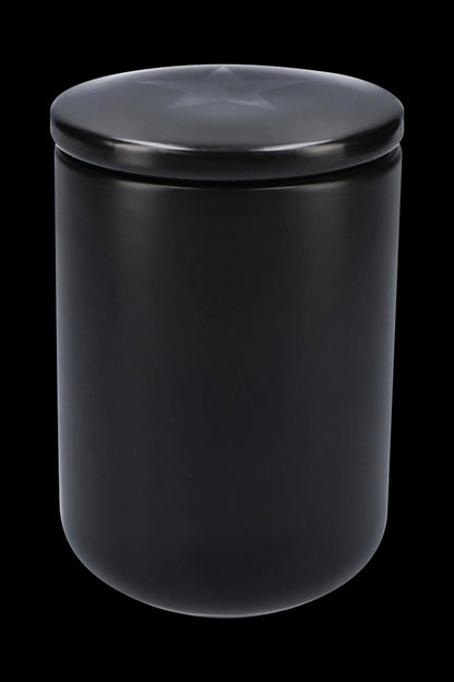 Black cannabis storage jar with airtight lid.