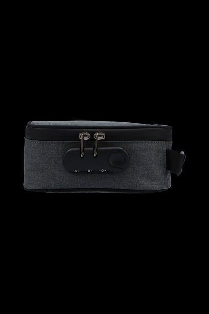 Close-up front view of the Famous Brandz Smell Proof Stash Case with Lock showing its gray fabric exterior, dual zipper pulls and combination lock.
