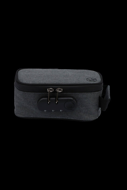 Front-facing view of the grey Famous Brandz Smell Proof Stash Case with Lock showing the textured fabric top, metal zipper pulls and combination lock panel.
