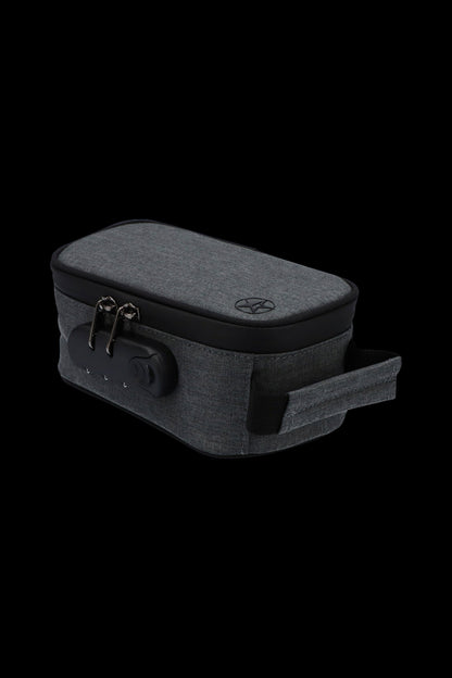 Angled close-up of the gray Famous Brandz Smell Proof Stash Case with Lock showing its textured fabric, top logo, metal zipper pulls, and combination lock.