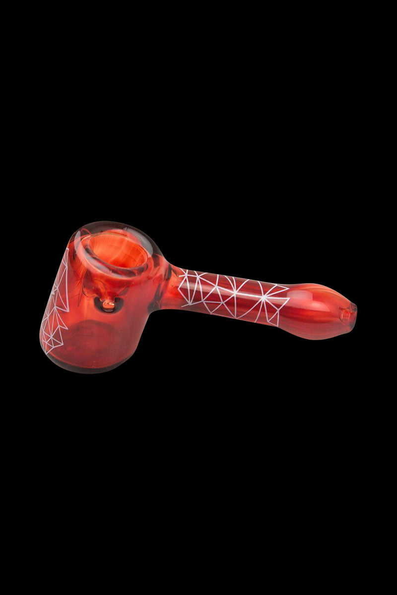 A side view of the Famous Brandz "Space Hammer" hand pipe, showcasing its red glass and geometric pattern.