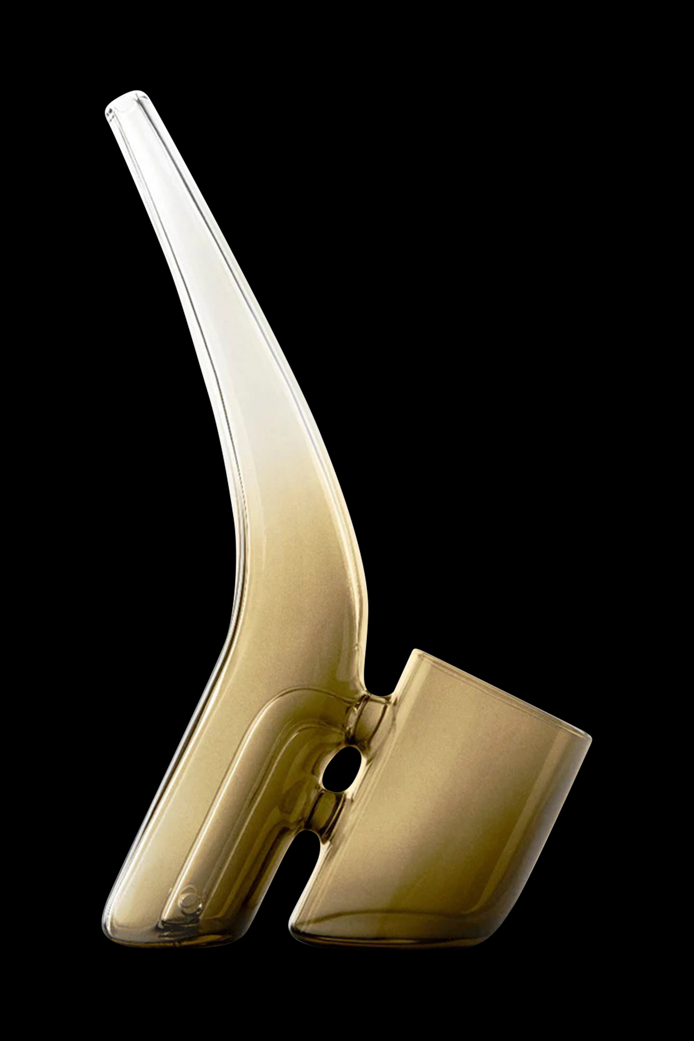 Golden glass oil rig with a curved neck and wide bowl, isolated on a black background.