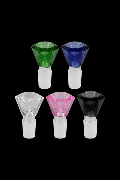 A close-up, angled view of the Faceted Jewel Herb Bowl Slide, displaying multiple colorful glass bowls against a black background.