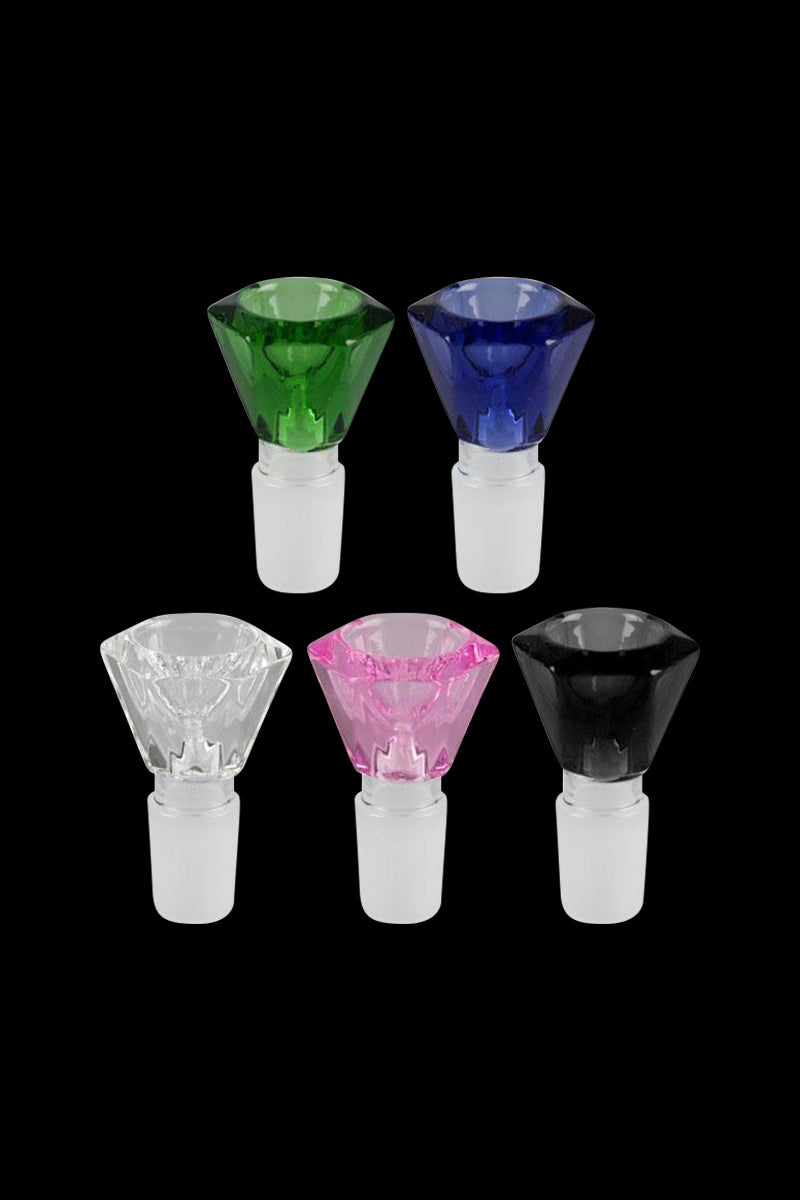 A close-up, angled view of the Faceted Jewel Herb Bowl Slide, displaying multiple colorful glass bowls against a black background.