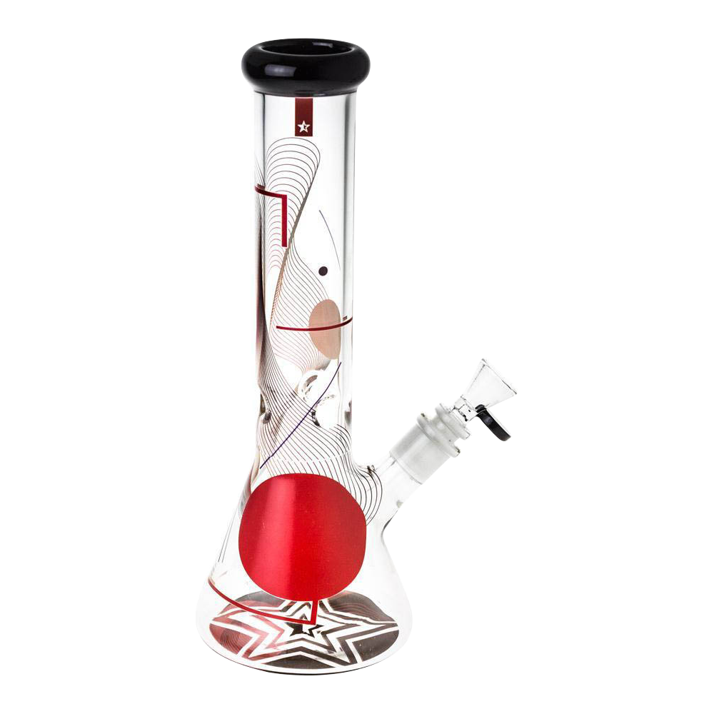 Front view of the Famous Design "GOA" Beaker Bong, a clear glass bong with a patterned base and simple, curved neck.