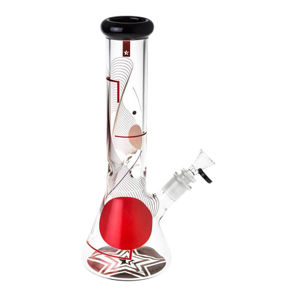 Front view of the Famous Design "GOA" Beaker Bong, a clear glass bong with a patterned base and simple, curved neck.