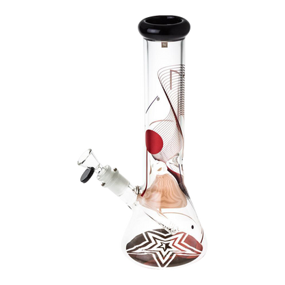 Front view of the Famous Design "GOA" Beaker Bong, showcasing a clear glass body with colorful swirling patterns and a wide base.