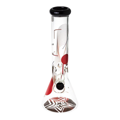Front view of the Famous Design "GOA" Beaker Bong, a clear glass piece with a wide base and curved neck.