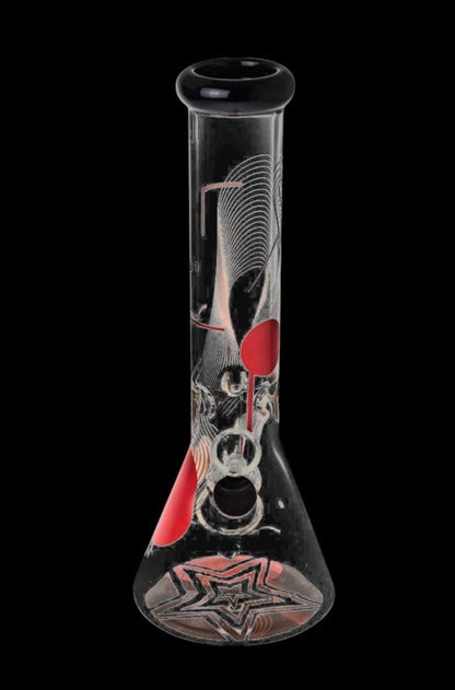 Front view of the Famous Design "GOA" Beaker Bong, showcasing a clear glass construction with intricate patterned details.