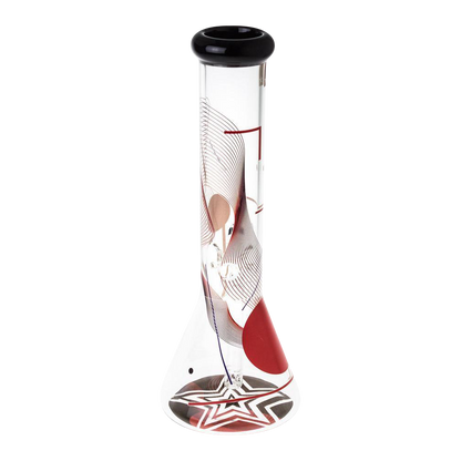 Front view of the Famous Design "GOA" Beaker Bong, showcasing its clear glass construction and patterned design against a neutral background.