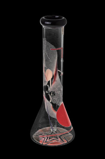 Front view of the Famous Design "GOA" Beaker Bong, showcasing a patterned glass design against a dark background.