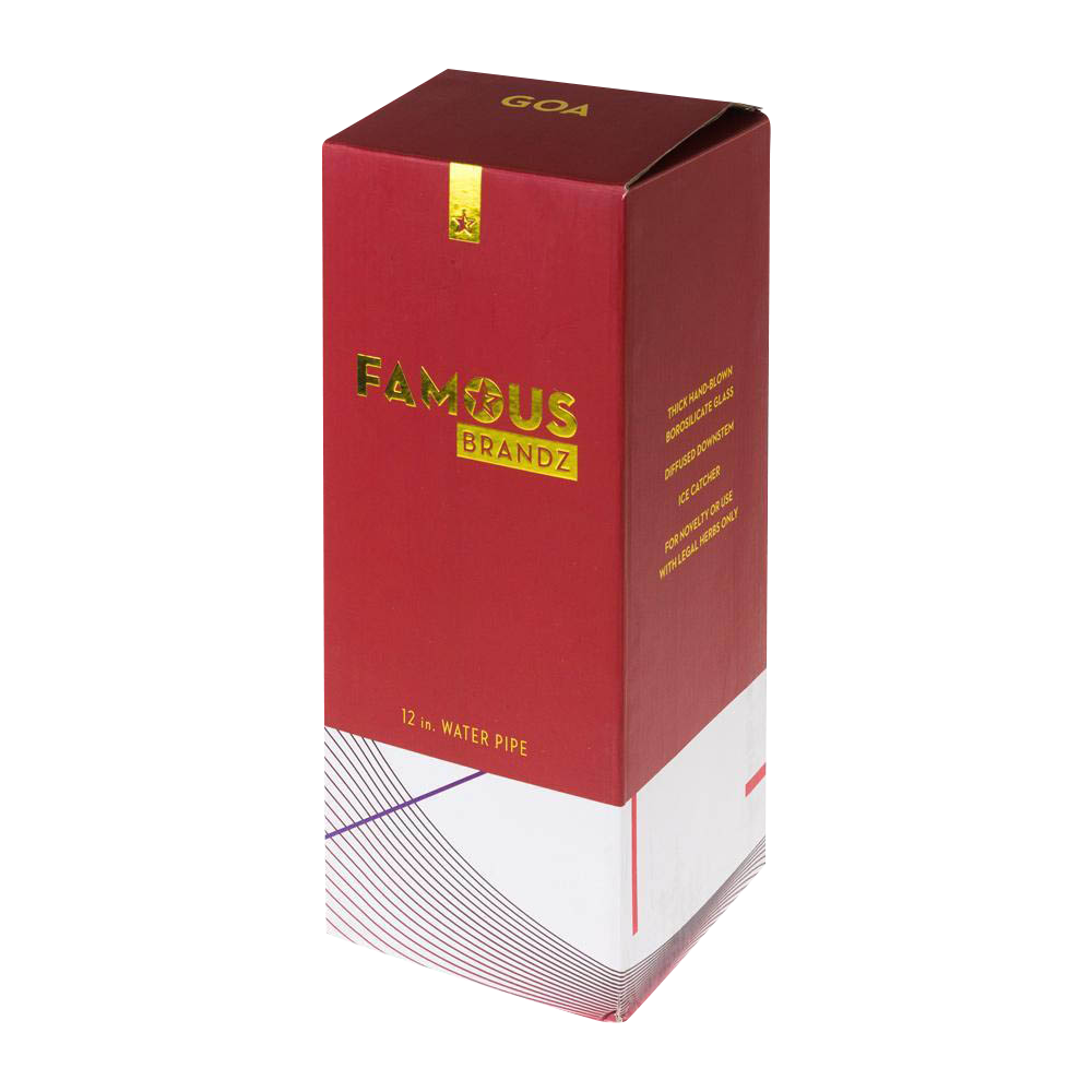 A front view of the Famous Design "GOA" Beaker Bong, with text branding displayed on the transparent glass.