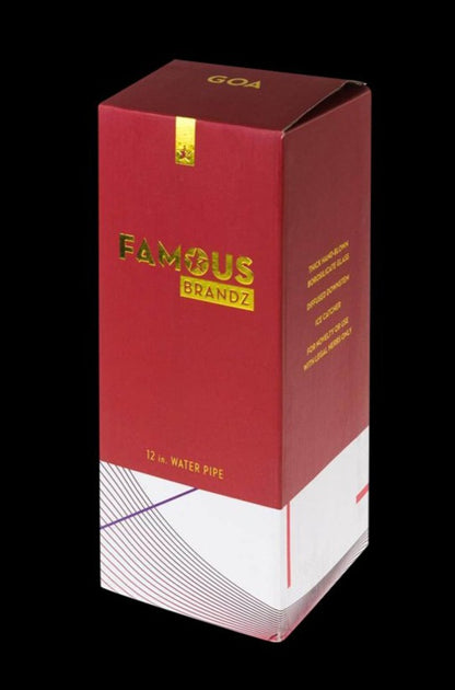 Front view of the Famous Design “GOA” Beaker Bong, a clear glass piece with a wide base and simple design.