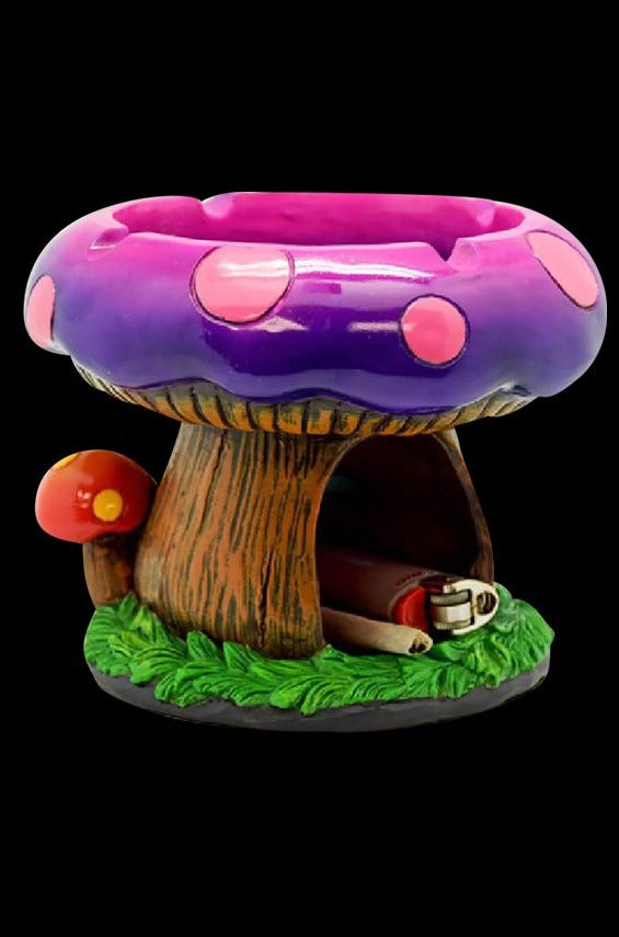 Front view of the Fantastical Mushroom House Ashtray with Storage, showing a purple and brown mushroom design with a built-in storage compartment.
