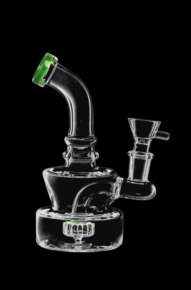 Front view of the Fat Bottom Mini Water Pipe, a clear glass pipe with a rounded base and simple design.