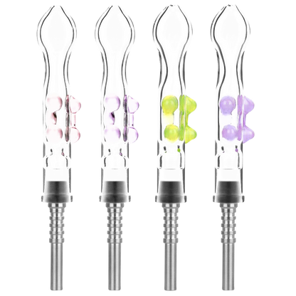 A close-up, angled view of the Flat Pinch Dab Collector with Titanium Tip, showcasing its clear glass construction and slender form.