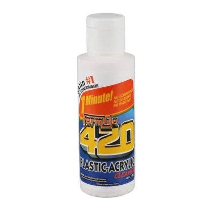 Front view of the 4oz Formula 420 Plastic & Acrylic Cleaner bottle with bright red and yellow text on a white label.