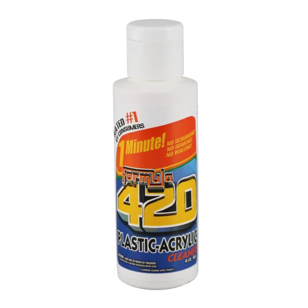 Front view of the 4oz Formula 420 Plastic & Acrylic Cleaner bottle with bright red and yellow text on a white label.
