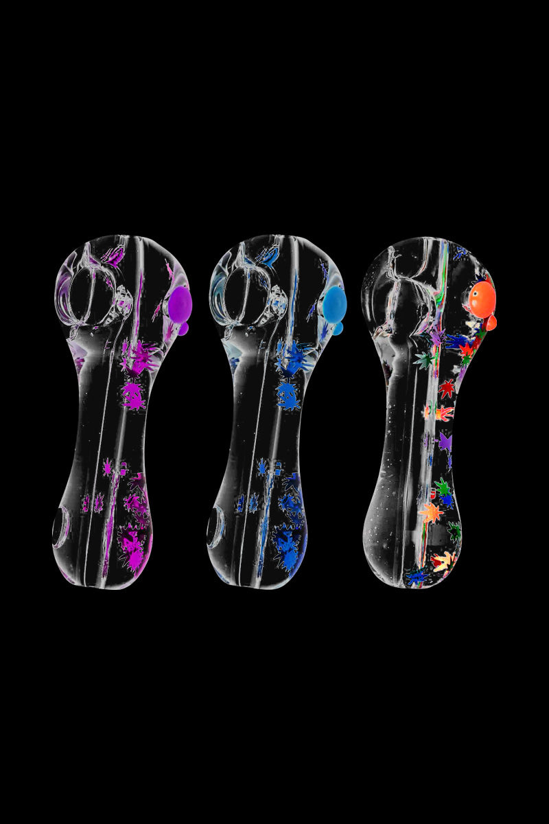 Front view of the Freezable Glycerin Leaf Glitter Spoon Pipe - Assorted Colors, showcasing its clear glass construction and sparkly glitter accents.