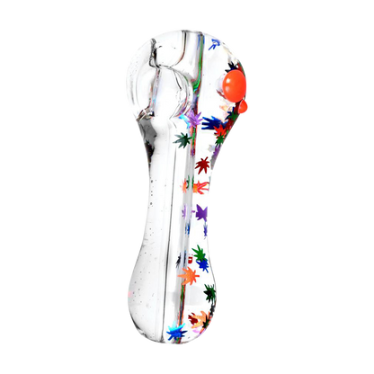 Front view of the Freezable Glycerin Leaf Glitter Spoon Pipe - Assorted Colors, showcasing a clear glass pipe with colorful glitter accents.