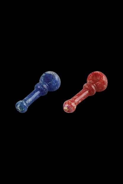 Front view of the Frit Art Glass Hand Pipe, a blue glass pipe with colorful frit patterns against a black background.