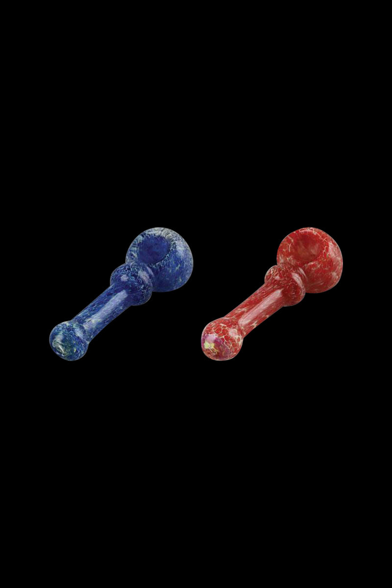 Front view of the Frit Art Glass Hand Pipe, a blue glass pipe with colorful frit patterns against a black background.