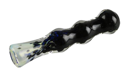 A close-up, angled view of the Fritted Fumed Taster Glass Chillum, showing its dark glass and smooth, tapered form.