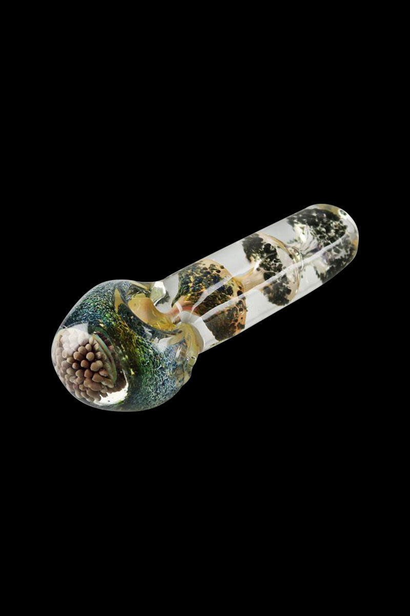 The Fritted Glass Spoon Pipe is shown in a side view, featuring colorful speckled glass and a curved bowl.