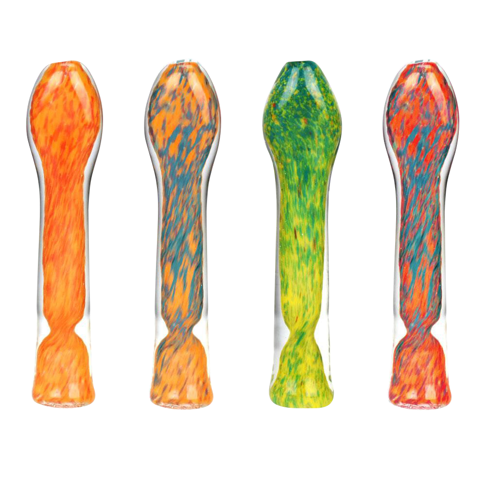 A close-up, angled view of the Fritted Swirl Flat Mouth Glass Chillum, showcasing its swirled glass pattern against a plain white background.