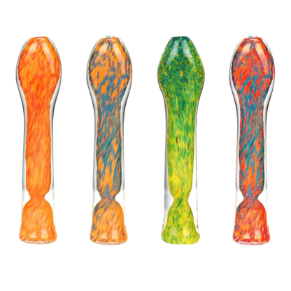 A close-up, angled view of the Fritted Swirl Flat Mouth Glass Chillum, showcasing its swirled glass pattern against a plain white background.