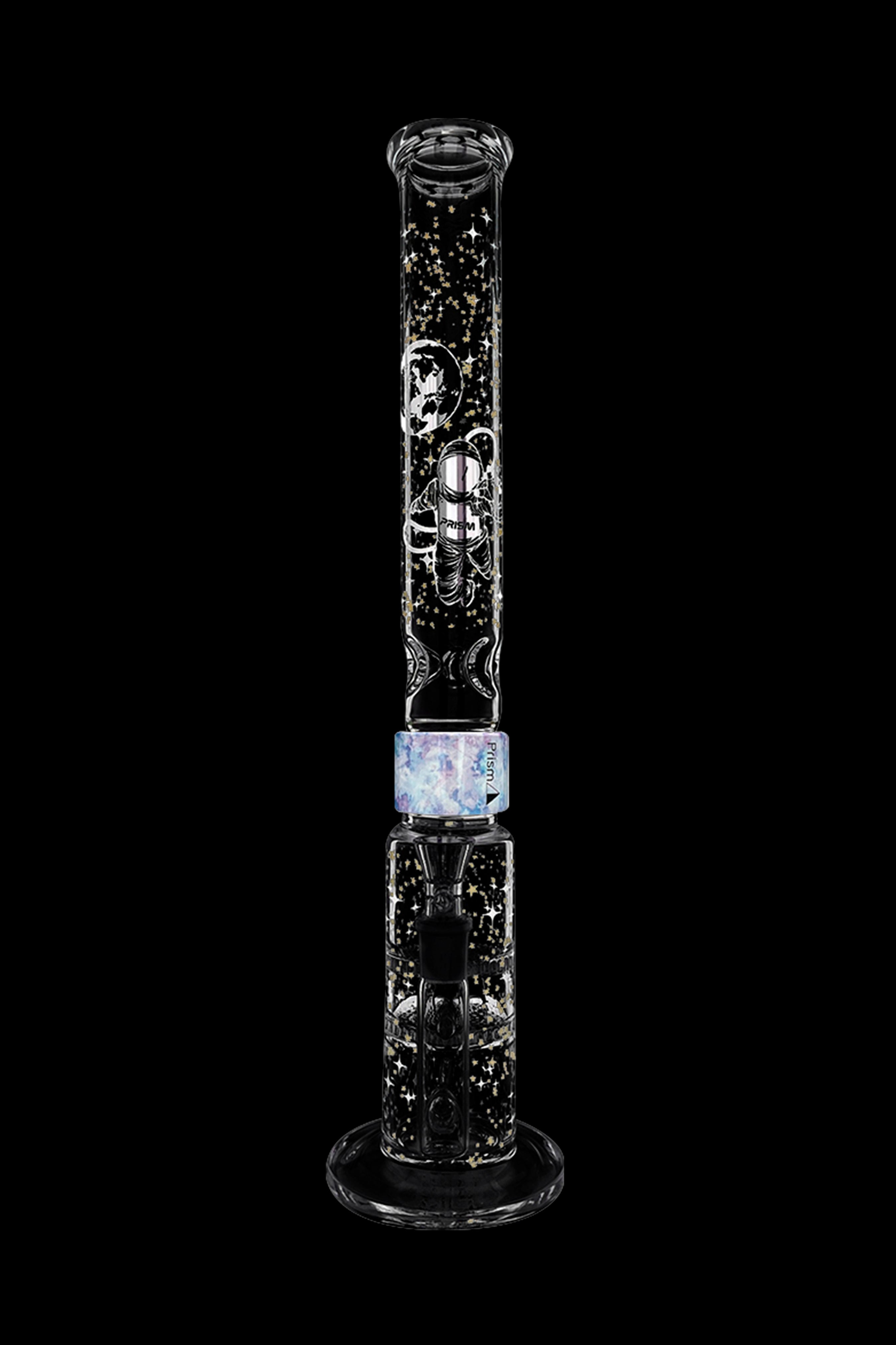 A glass bong with intricate scorpion and floral designs, illuminated with internal lighting, against a black background.
