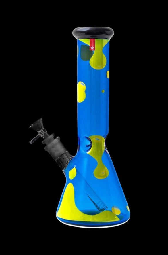 Front view of the Famous Design-Privilege Water Pipe, a tall glass piece with a blue hue and patterned accents.