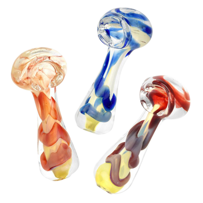 A slightly angled view of the Fumed Jumbo Swirl Spoon Pipe, showcasing its colorful, swirling glass pattern against a plain white background.