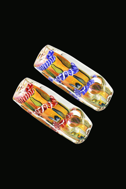 A close-up, angled view of the Fumed Metallic Abstract Squared Hand Pipe, showcasing its smoky, textured glass finish.