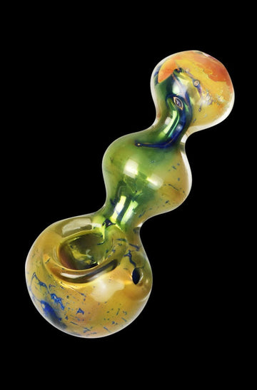 Front view of the Fumed Nebula Bubbles Spoon Pipe, showing a glass pipe with a swirling, colorful fume pattern. - Fumed Nebula Bubbles Spoon Pipe