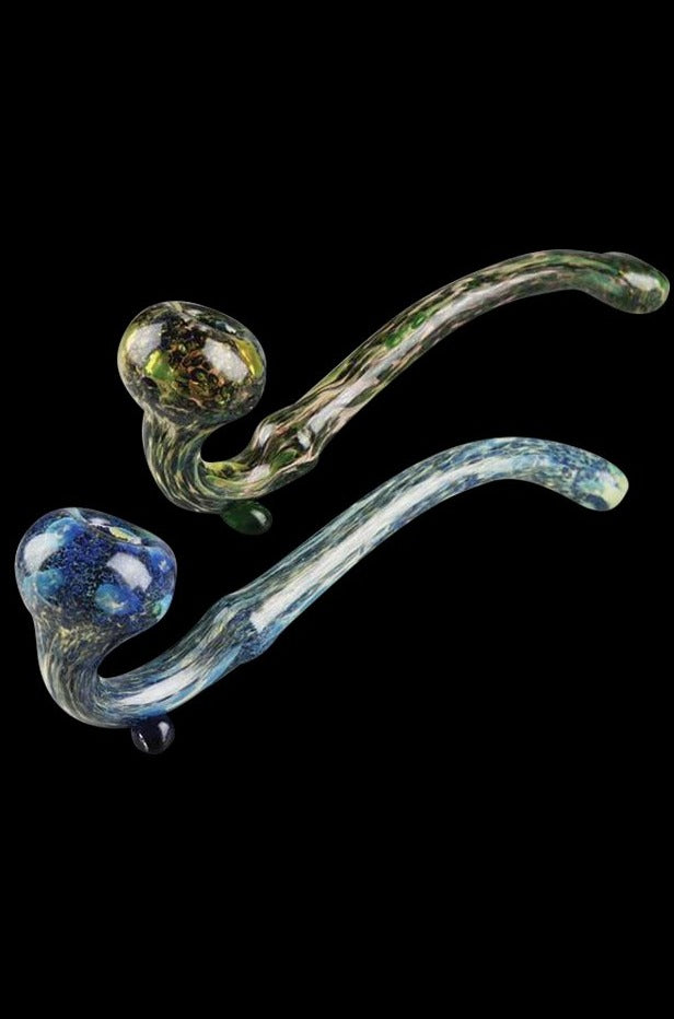 A side view of the Fumed Sherlock Glass Pipe shows its curved shape and smoky glass finish against a dark background.