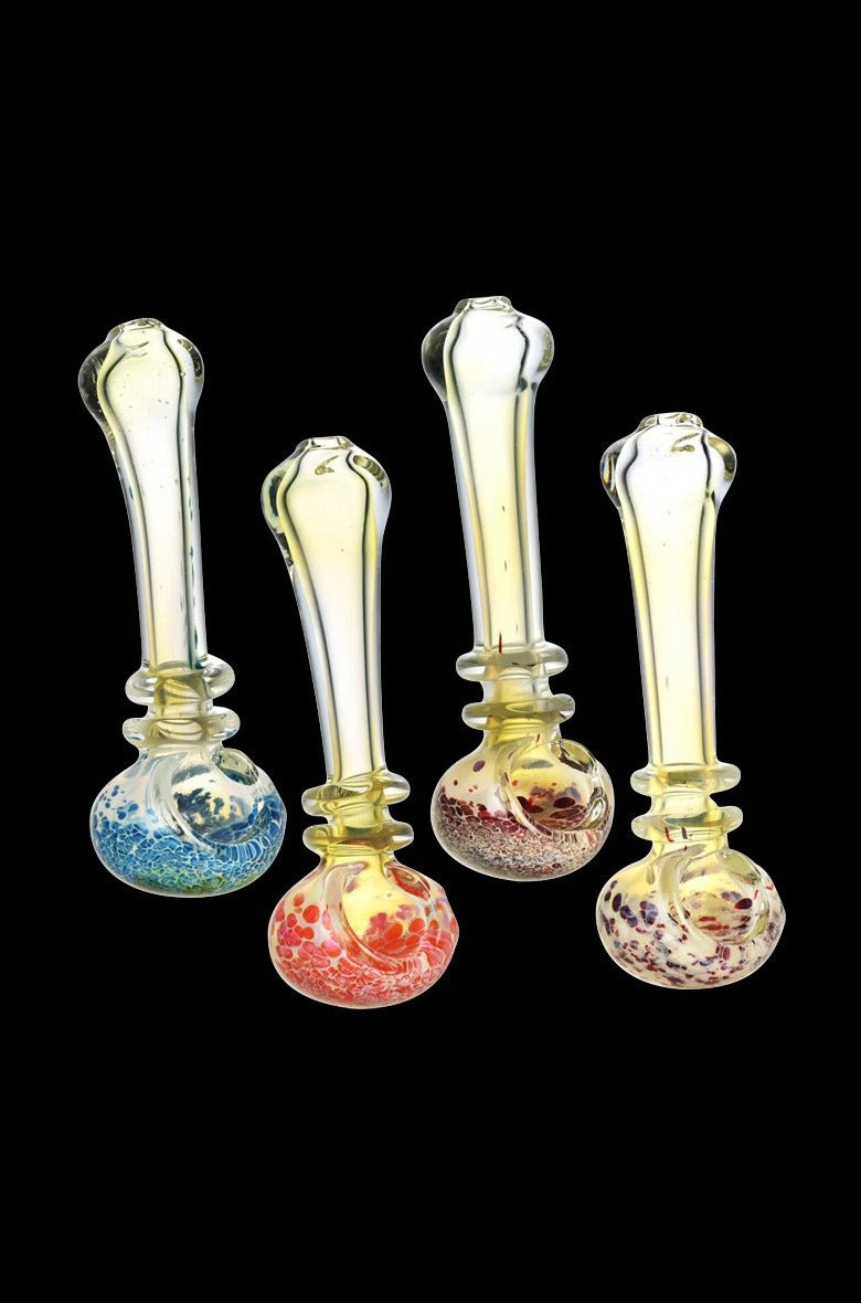 A front view of the Fumed & Speckled Spoon Pipe, showcasing a speckled glass design with a curved bowl and mouthpiece.