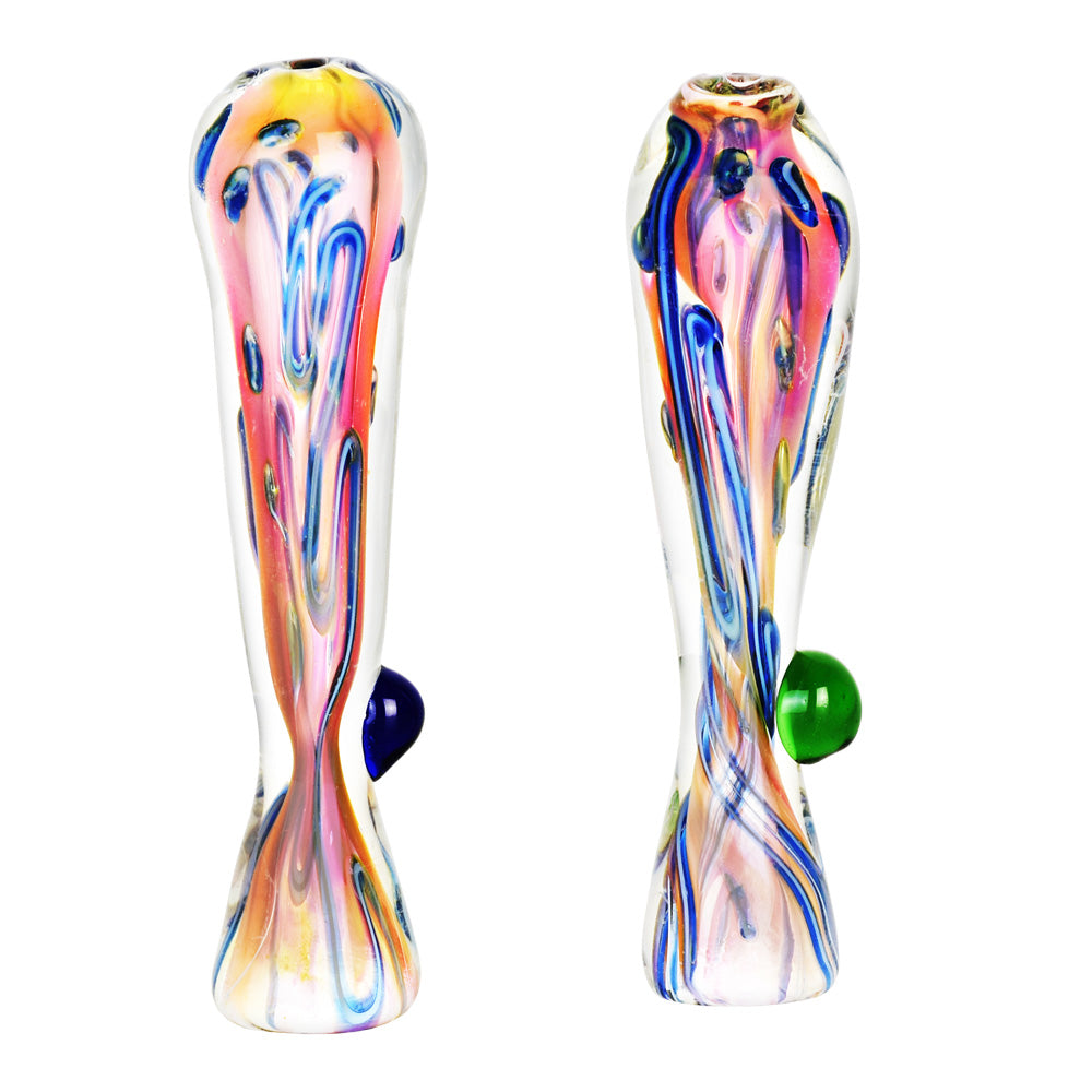 Colorful glass bubbler pipes with rounded bases and decorative swirls.