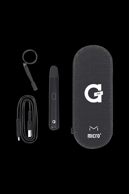A product shot of the G Pen Micro+ Concentrate Vaporizer and USB charging cable against a dark background.