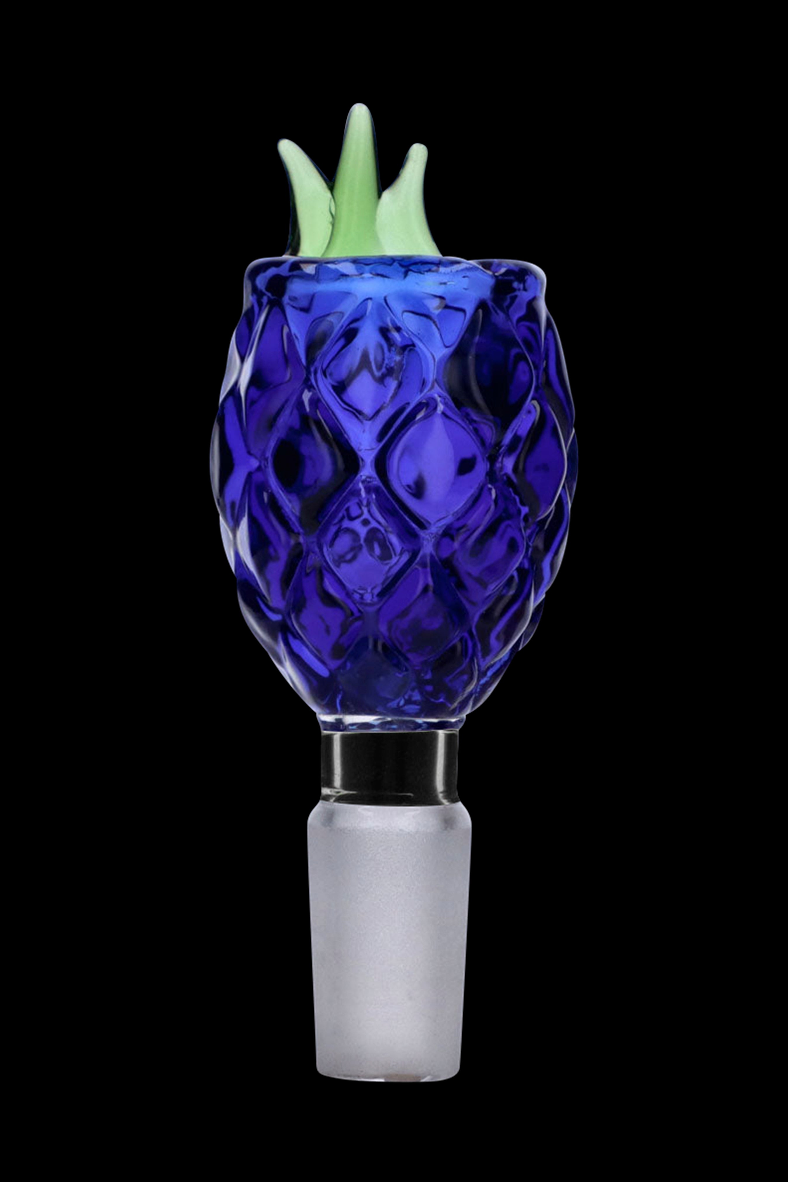 Front view of the Pineapple Herb Bowl, a blue glass bowl shaped like a pineapple with a clear glass joint.