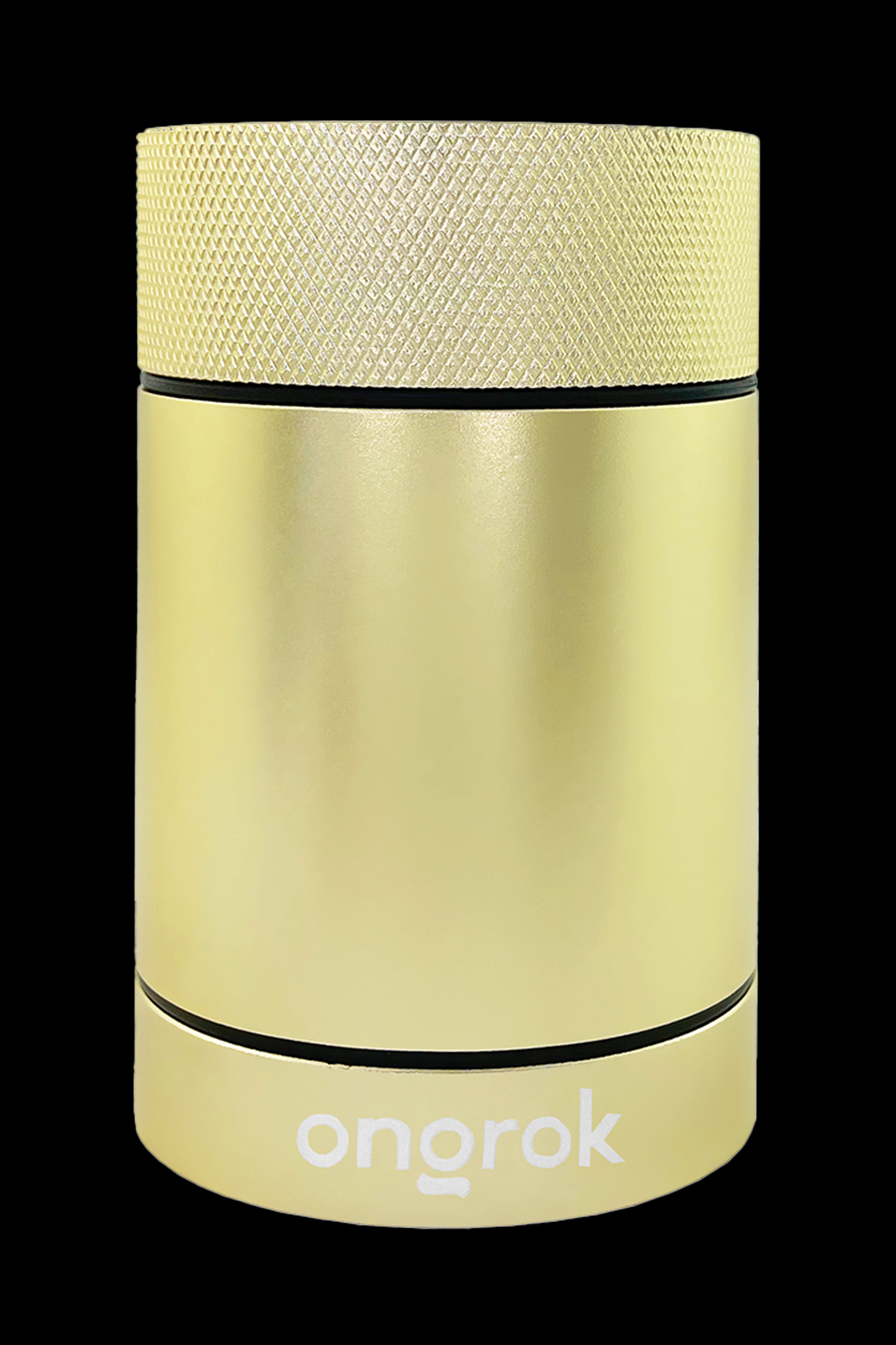 Gold cannabis storage container with “onorok” logo.