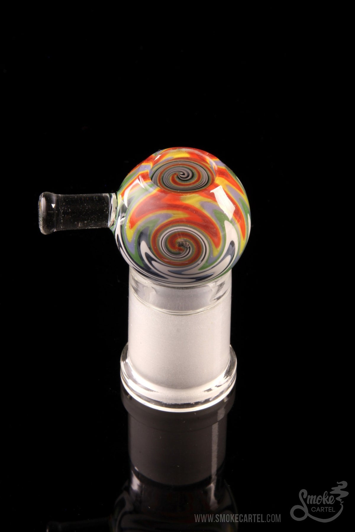 Glass bubbler with colorful swirl design.
