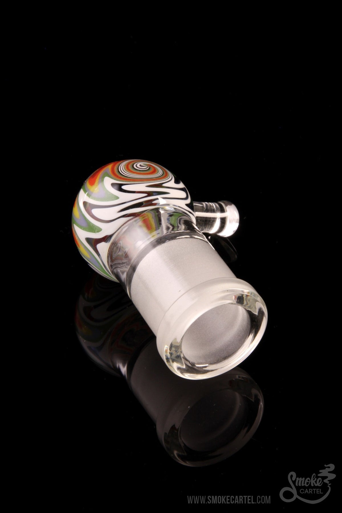Colorful glass cannabis pipe with a flared bowl and joint.