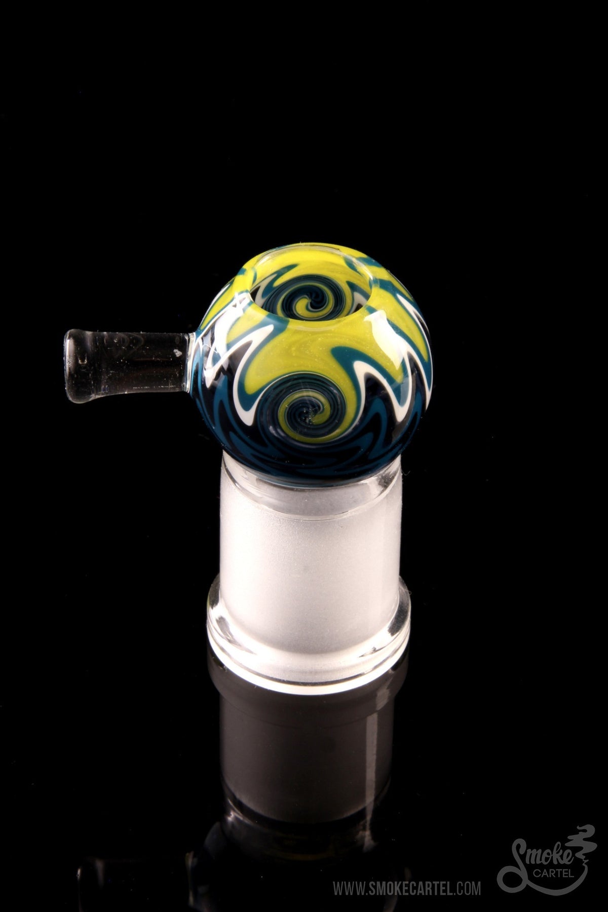 Colorful glass cannabis bubbler with swirling yellow and blue patterns.