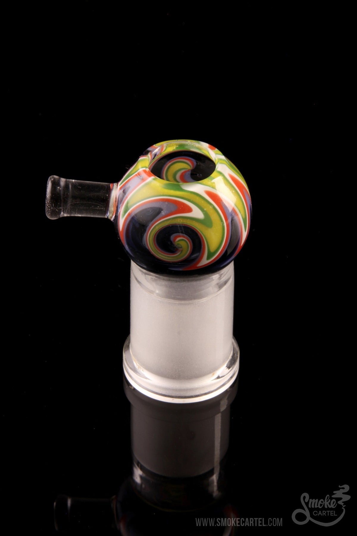 Colorful glass bubbler with swirling green and red patterns, set against a black background.