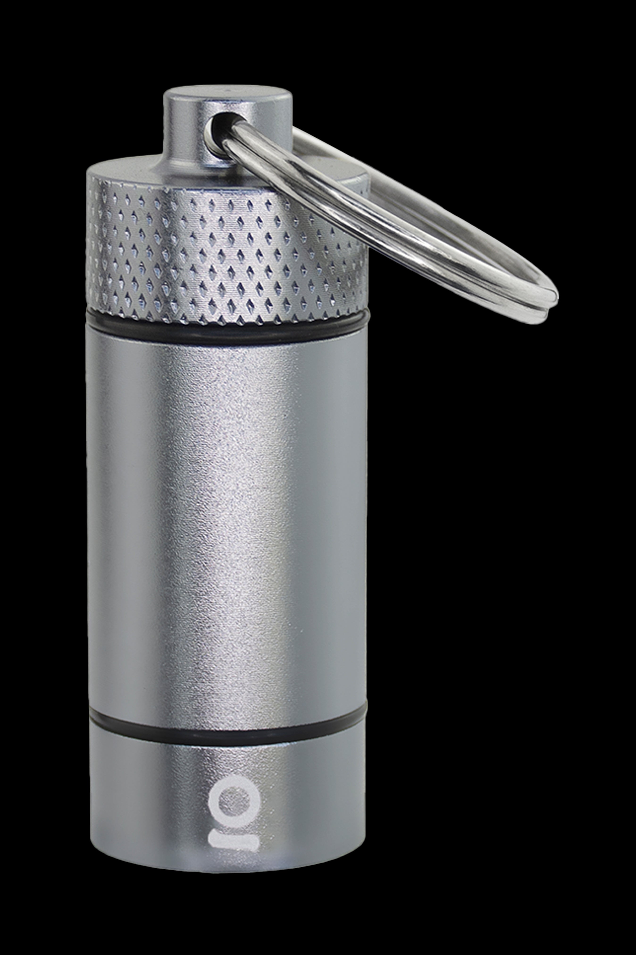 Silver cannabis storage container with a keychain attachment.