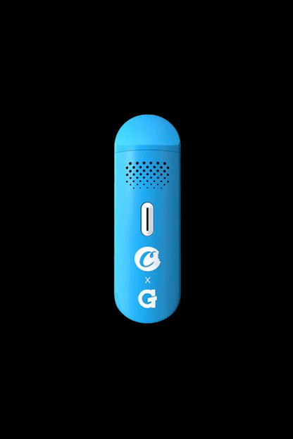 Blue cannabis vaporizer pen with “O” and “G” logos.