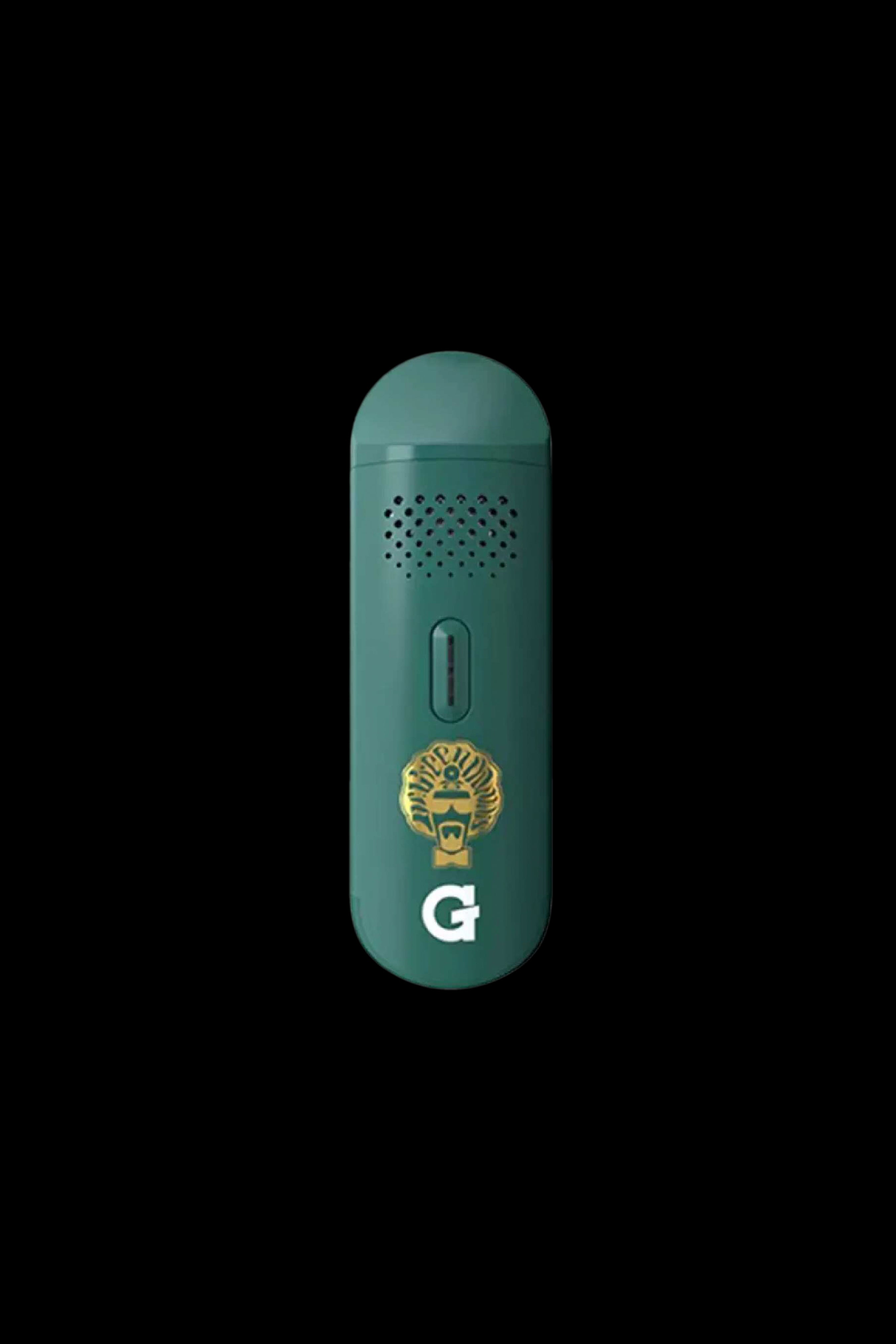 Green cannabis vaporizer with gold detailing and a “G” logo.