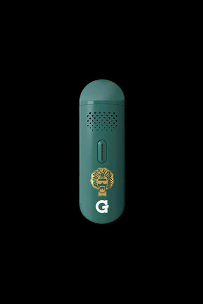 Green cannabis vaporizer with gold detailing and a “G” logo.