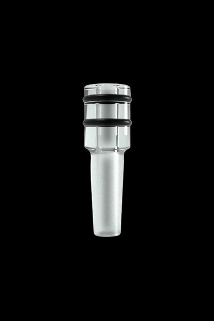 Clear glass bubbler attachment for a water pipe, with black silicone rings.